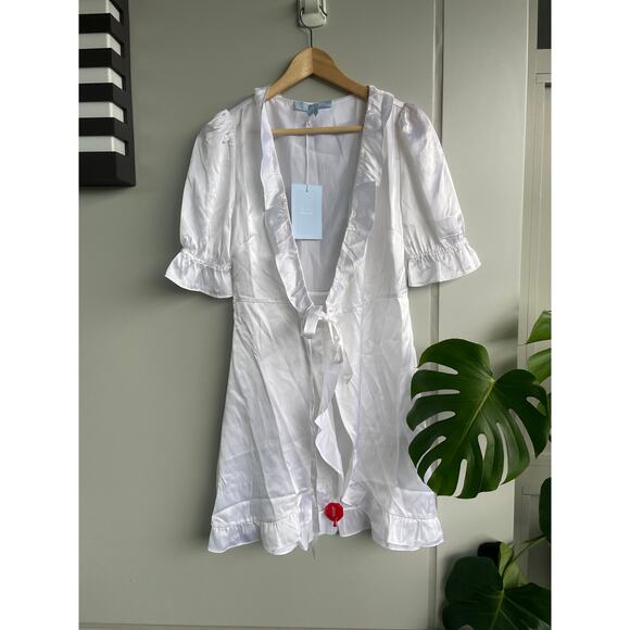 HILL HOUSE new white satin ruffle bridal delicate feminine Nima robe wrap dress - Picture 2 of 6